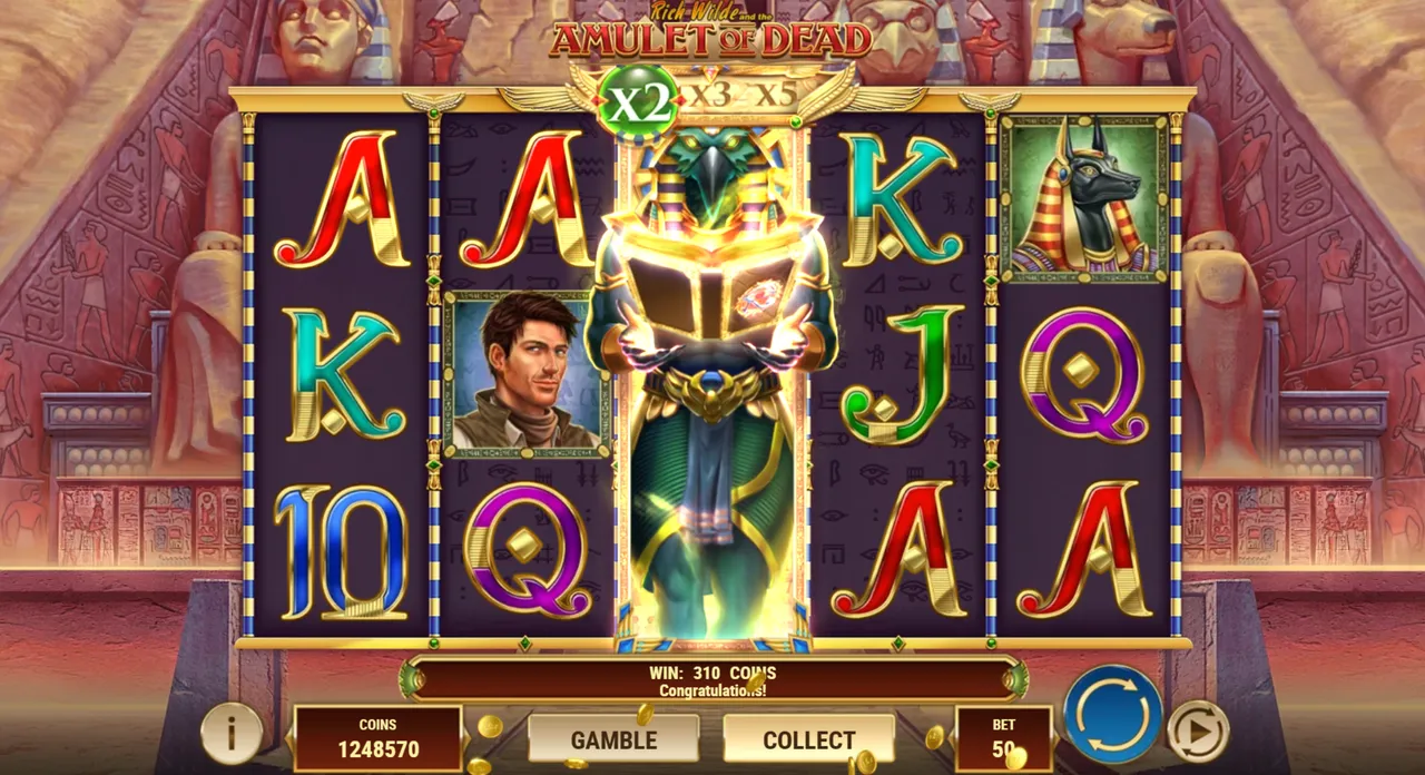 Amulet of Dead: a full Thoth Wild reel in the middle activates the x2 multiplier for a 310-coin win