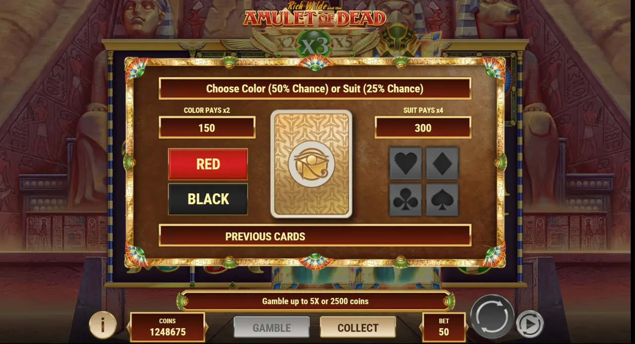 Amulet of Dead gamble screen: color pays x2, suit pays x4, gamble up to 5X or 2500 coins