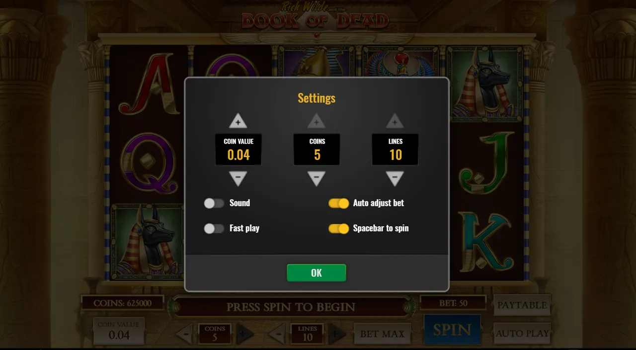 Book of Dead settings window with coin value, coins per line and lines controls, plus sound, fast play and auto adjust bet switches