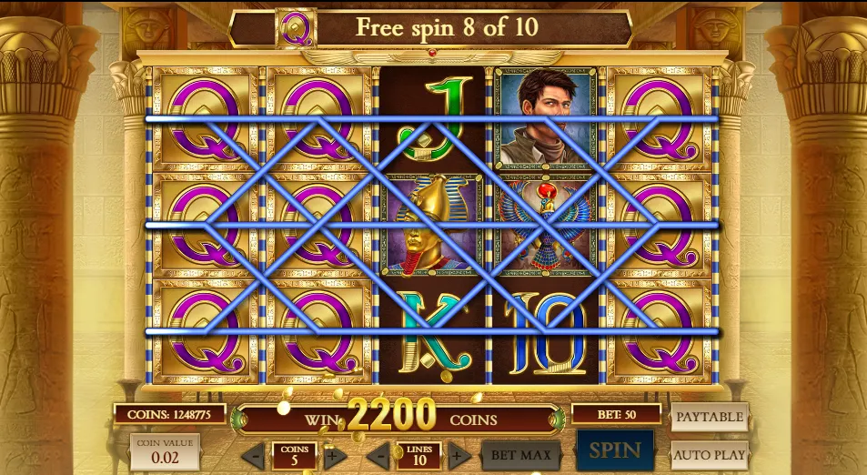 Book of Dead free spin 8 of 10 with the 10 paylines drawn over the reels and Q expanded on reels 1, 2 and 5
