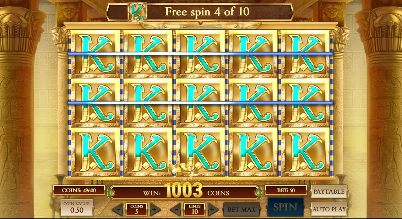 Book of Dead free spin 4 of 10 with K as the expanding symbol filling all five reels