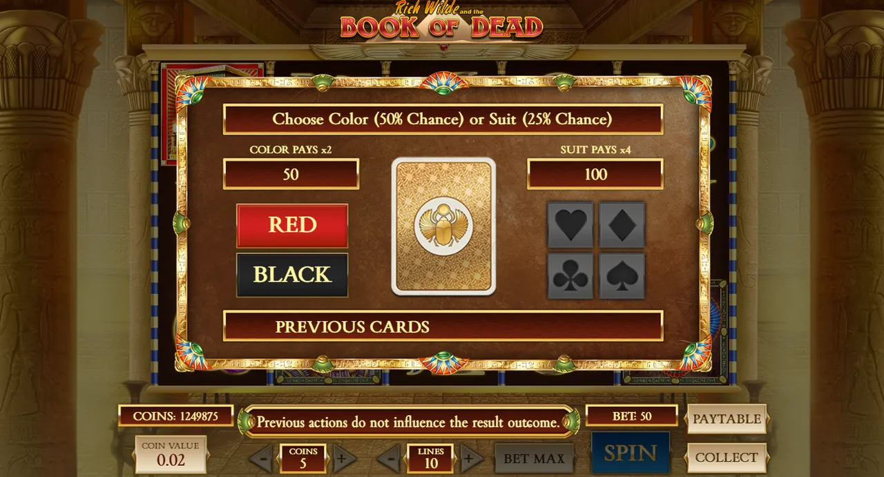Book of Dead gamble screen: color pays x2 at 50% chance, suit pays x4 at 25% chance, with a face-down card, red and black buttons and the four suits