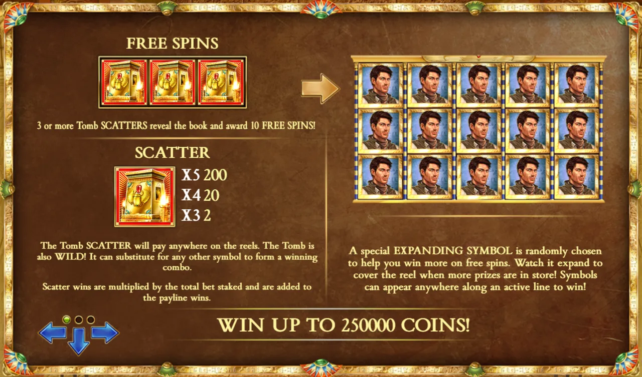 Book of Dead rules screen: 3 or more Tomb Scatters reveal the book and award 10 free spins, with a special expanding symbol chosen at random