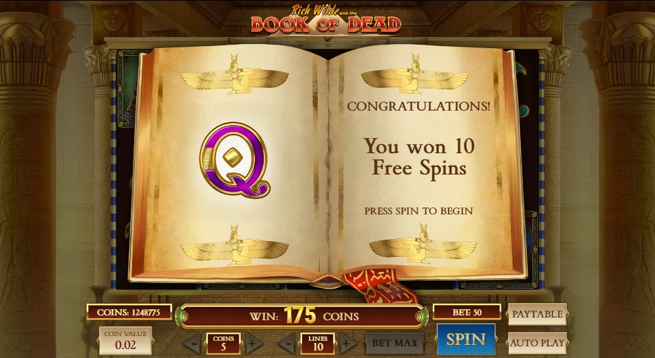The open book announces 10 free spins with Q chosen as the special expanding symbol