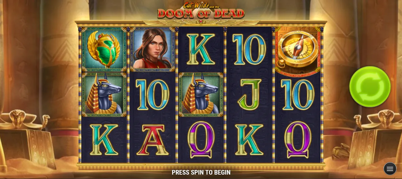 Cat Wilde and the Doom of Dead base game: 5x3 grid with Cat Wilde, Anubis, a scarab, card symbols and a compass Scatter on reel 5