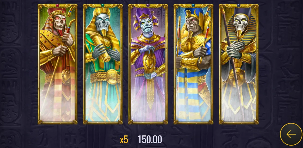 Doom of Dead paytable page showing five undead king and queen Wild reels, paying 150 for five