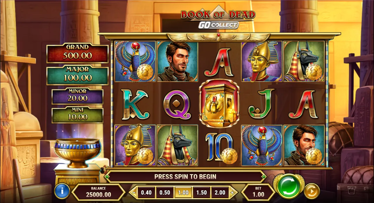 Book of Dead GO Collect base game: Gold Staters on several symbols, a golden collection bowl on the left and the Grand, Major, Minor and Mini values above it