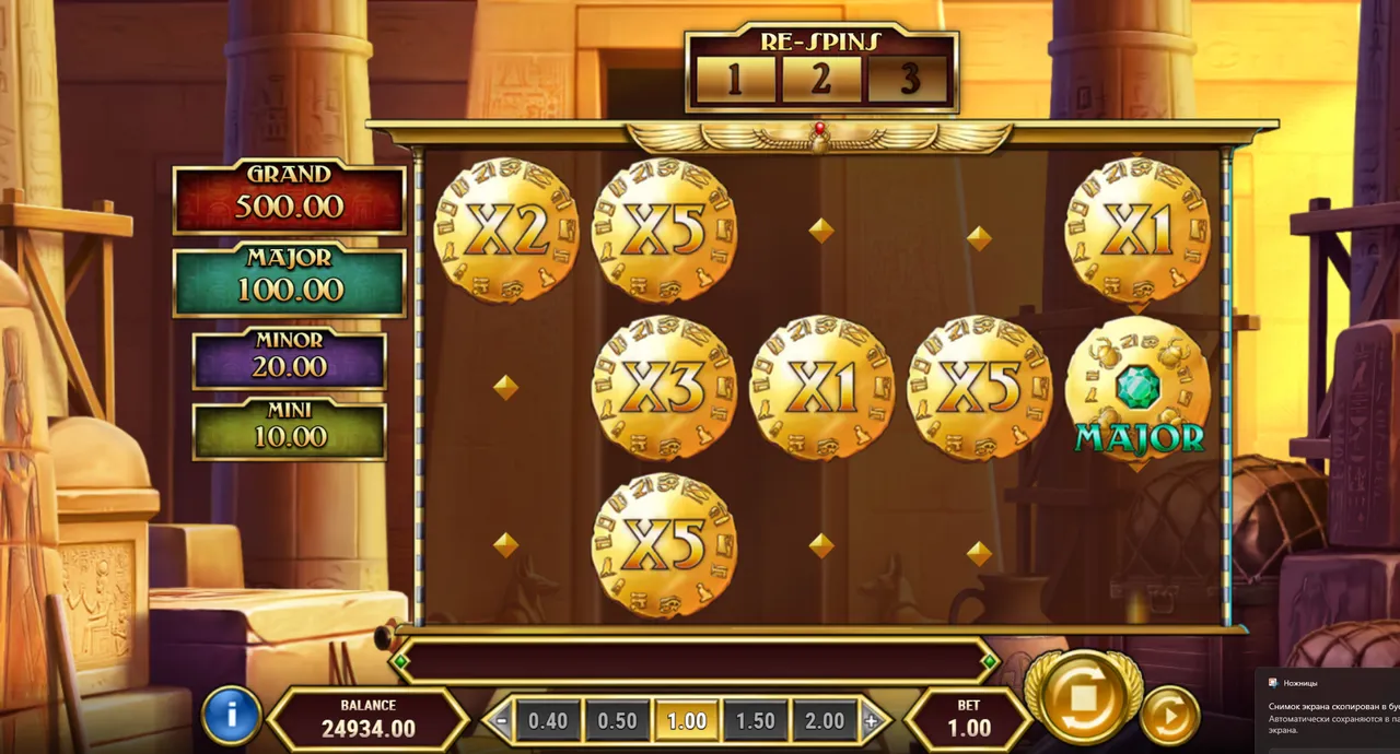 GO Collect Treasure Vault: sticky Gold Staters worth x1 to x5 and a Major bonus stater, with 3 re-spins shown above the grid