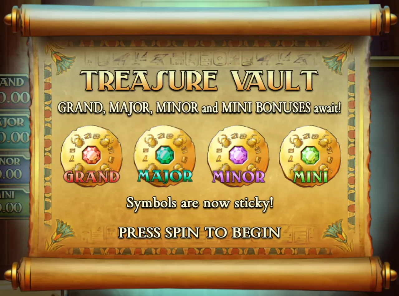 Treasure Vault intro screen announcing Grand, Major, Minor and Mini bonuses and that symbols are now sticky