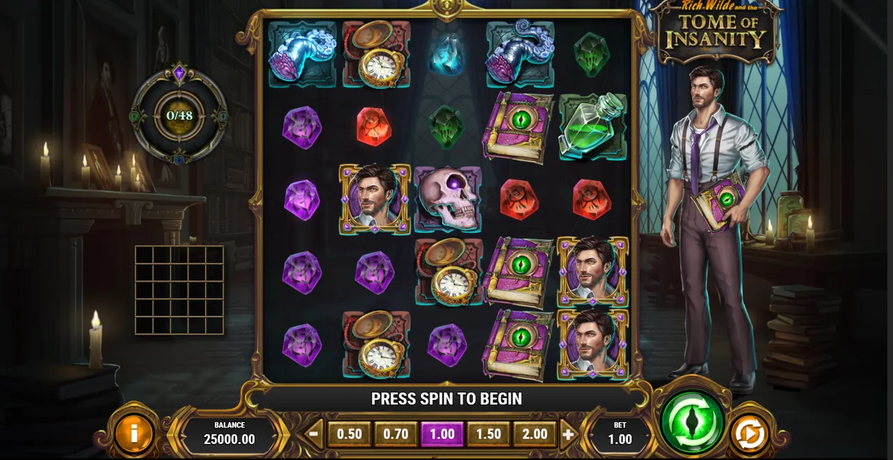 Tome of Insanity base game: 5x5 grid of gems, skulls, pocket watches and Rich Wilde symbols with the portal counter at 0 of 48