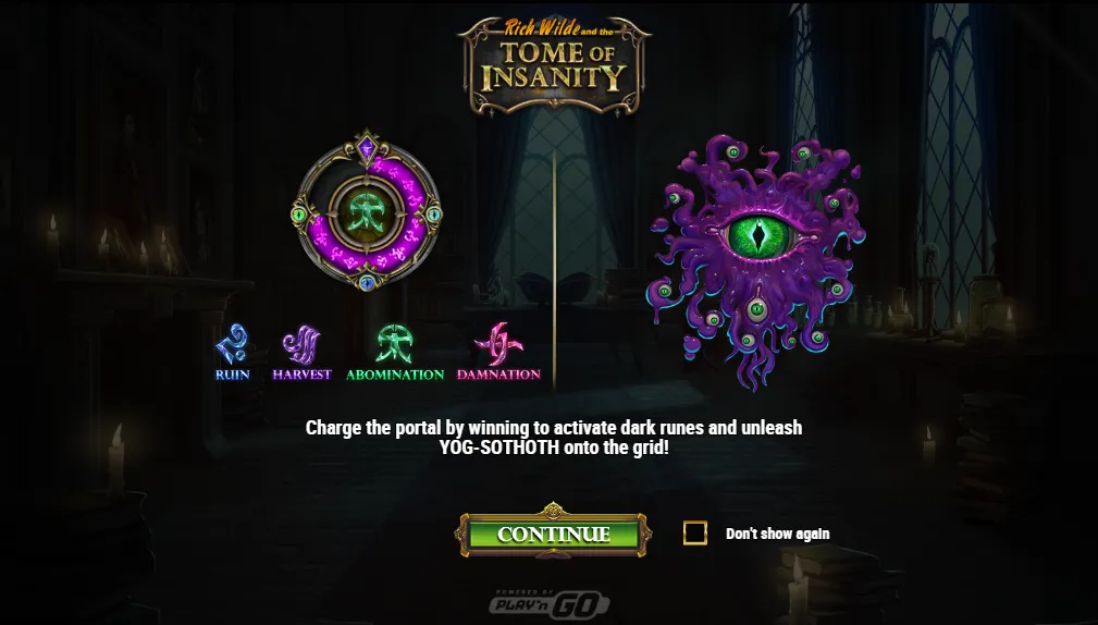 Tome of Insanity intro: charge the portal by winning to activate the Ruin, Harvest, Abomination and Damnation runes and unleash Yog-Sothoth