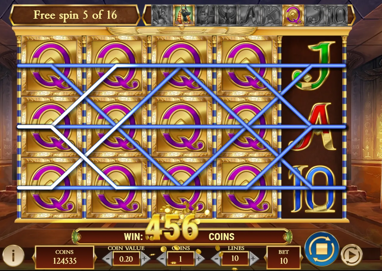 Legacy of Dead free spin 5 of 16: Q expanded over four reels, paying 456 coins across the lines