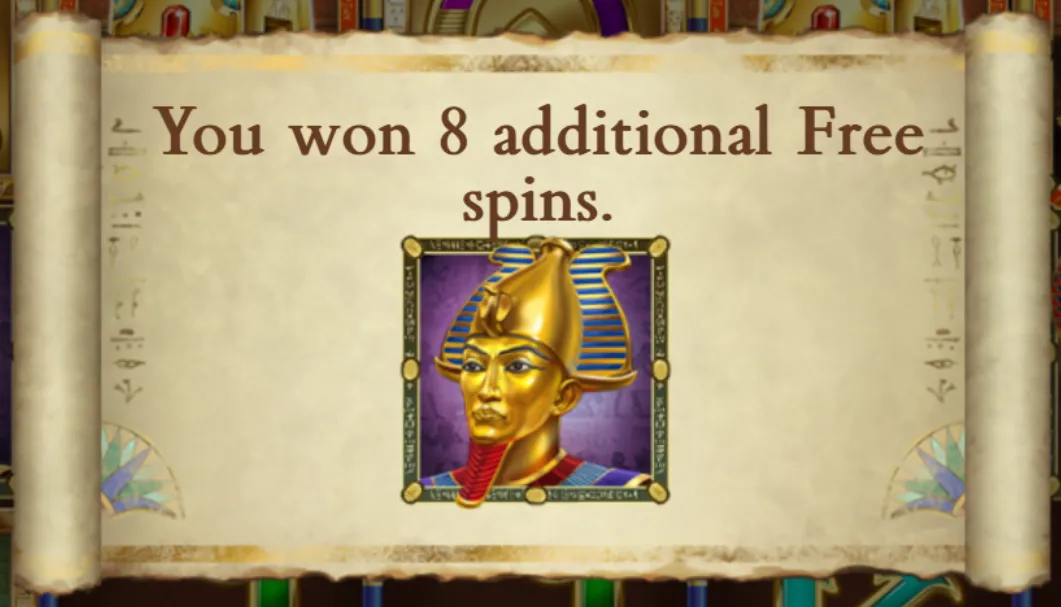 Legacy of Dead retrigger screen: You won 8 additional free spins, with the golden Pharaoh as the new expanding symbol