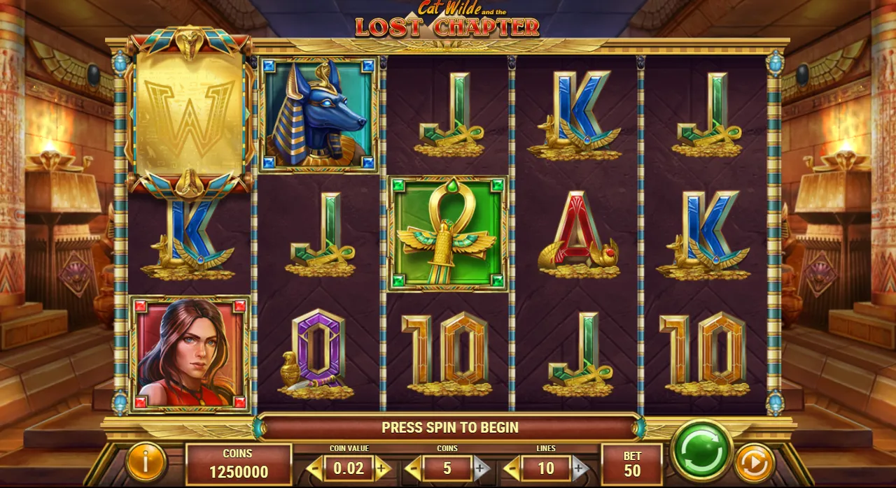 Cat Wilde and the Lost Chapter base game: 5x3 grid with a golden W Wild, Cat Wilde, Anubis, an ankh and card symbols in a purple temple