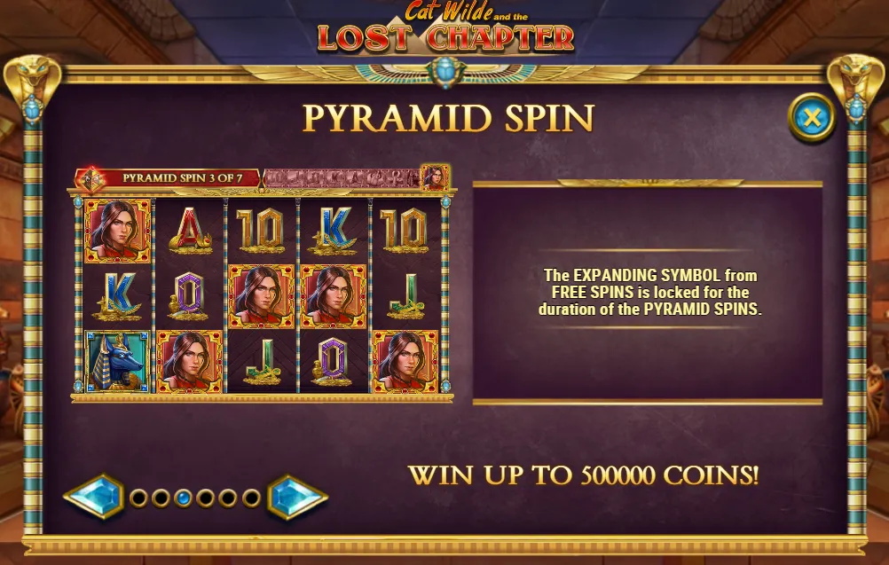 Lost Chapter rules: the expanding symbol from free spins is locked for the duration of the Pyramid Spins, shown during Pyramid spin 3 of 7