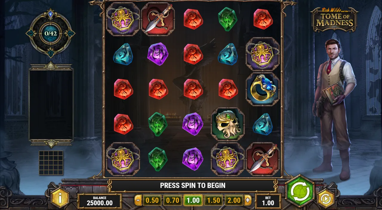 Tome of Madness base game: 5x5 grid of gems, daggers, rings and amulets with the portal counter at 0 of 42 on the left and Rich Wilde on the right