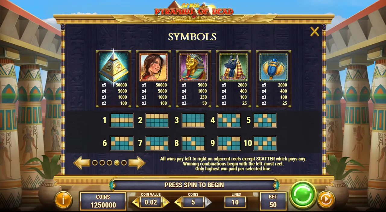 Pyramids of Dead in-game paytable with the Pyramid Wild Scatter, Cat Wilde, Tutankhamun, Anubis and scarab, plus the 10 payline patterns