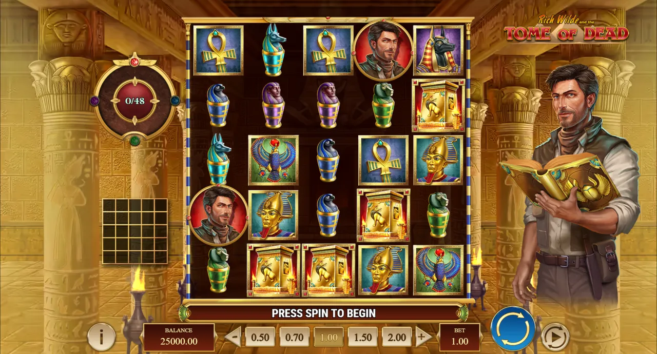 Tome of Dead base game: 5x5 grid of canopic jars, ankhs, Anubis and Rich Wilde symbols with the ritual counter at 0 of 48 and Rich holding a book
