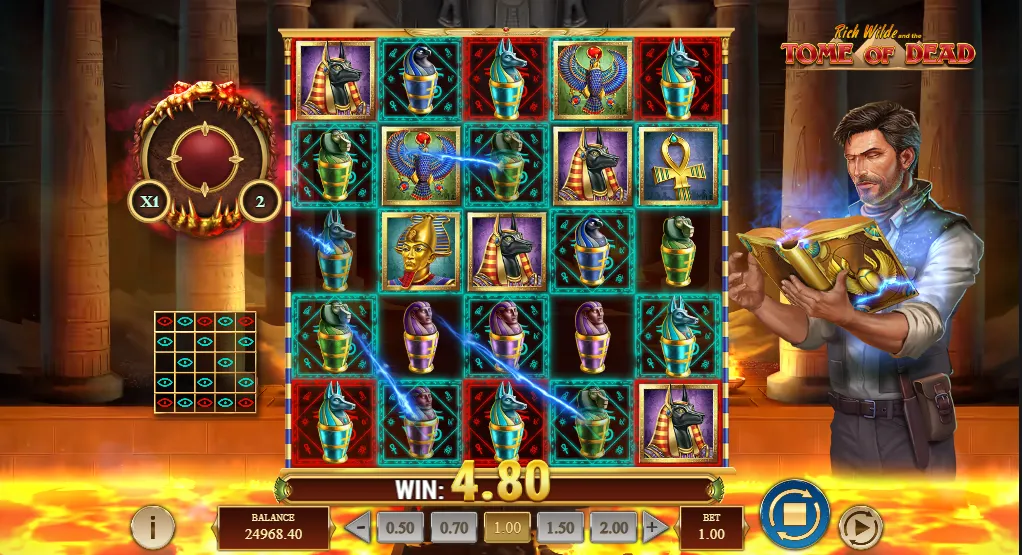 Tome of Dead during the bonus: highlighted grid positions and a ritual effect firing across the reels